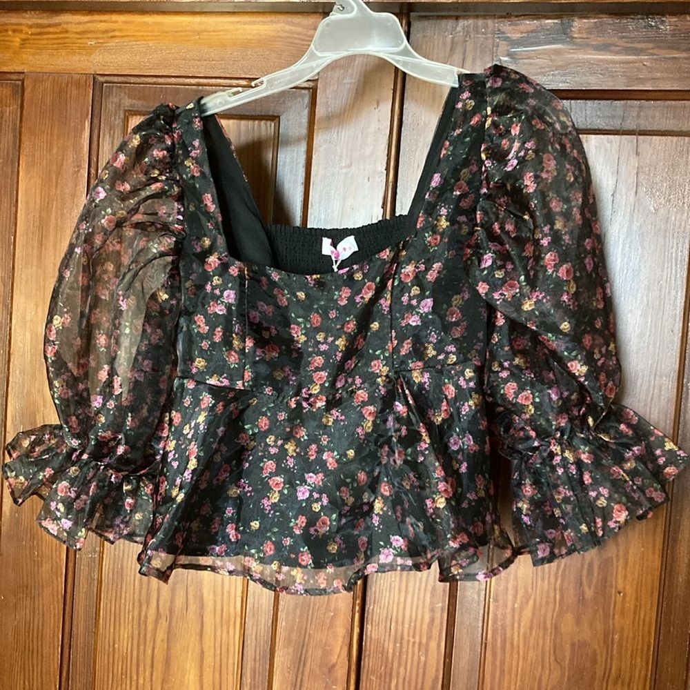 Buddy Love new puff sleeve black floral pammie peplum top size XS